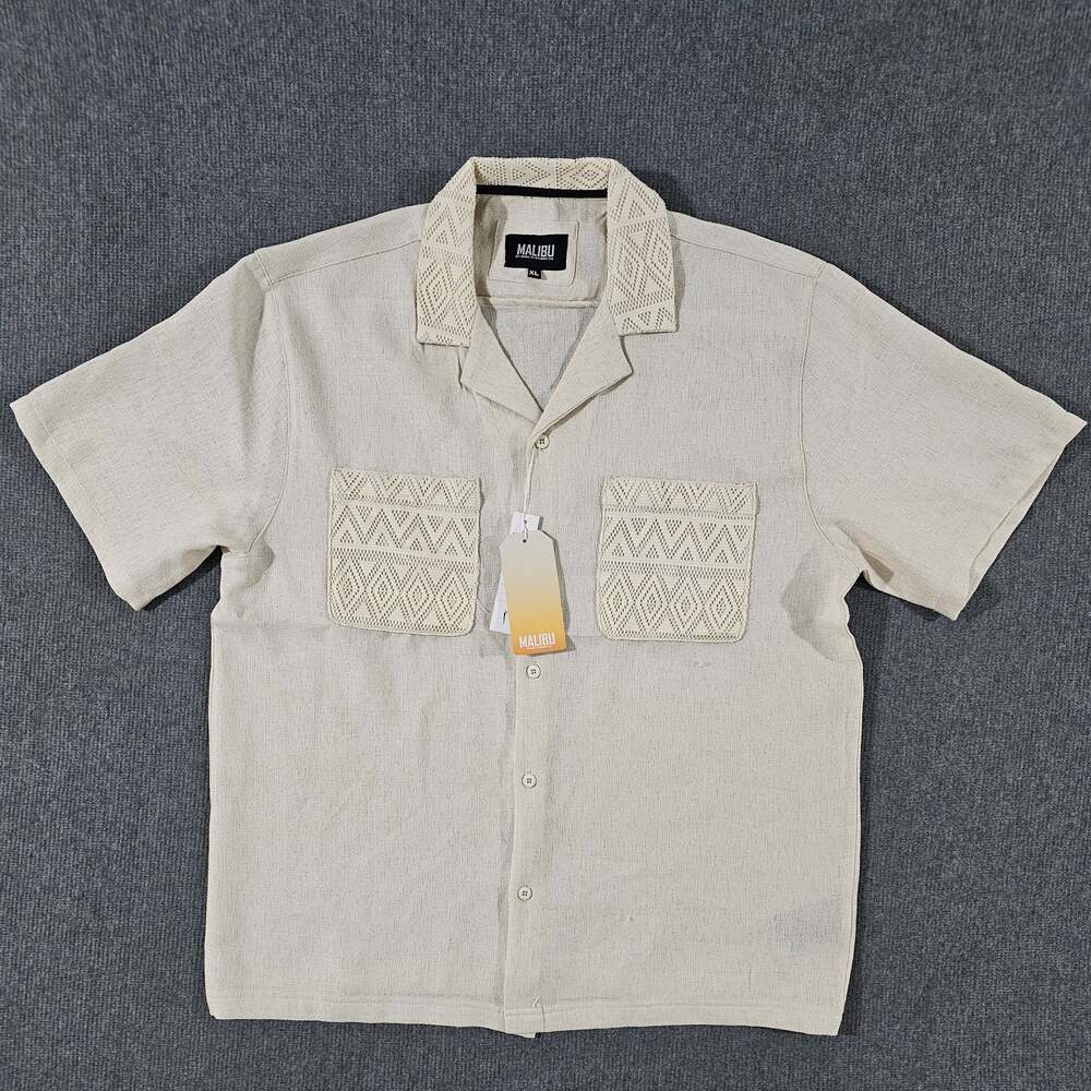 Malibu by Drill Clothing Co. Men's XL Faux Linen Crochet Trim Button Up Shirt